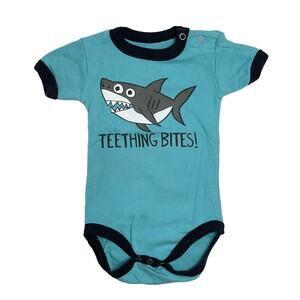 Lazy One Baby Teething Bites Shark Graphic Blue Short Sleeve Ringer Bodysuit 6 M